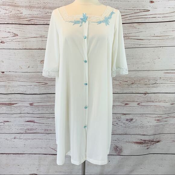 Cream and blue robe vintage button front lace - Picture 1 of 14